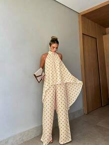Women's Summer Casual Retro Polka Dot Apricot Halter Neck Sleeveless Top And Wide Leg Pants 2-Piece Set, Holiday Beach Outfit - Apricot - View 4