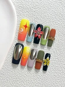 10pcs Gal Style Handmade Press-On Nails, Polygel Nail Art Set, Yellow Green Red Floral, Matte Texture, Red Yellow Blue Black Nail Polish Colors, Minimalist Style, Includes Nail Tools, 3 Sizes Available, Almond/Duck/Coffin Shape, Suitable For Party, Dancing, Daily Wear - 彩色 - 查看 4