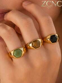 1pc 18K Gold Plated Women's Natural Stone Geometric Pattern Stainless Steel Ring (Green/Purple/Black) Suitable For Daily Wear, Party, Business Meeting And Other Occasions, Ideal For Valentine's Day/Anniversary/Gift/Mother's Day/Halloween/Christmas/Elderly Jewelry Gift - Ring - View 6