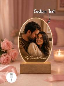 1 Acrylic Night Light For Couples, Customizable With Text, Warm LED Edge Lighting On A Wooden Base, Oval Romantic Bedside Or Desktop Decor, Suitable For Anniversary, Valentine's Day, Birthday, Wedding Anniversary Gifts - Multicolor (Style 2) - View 1