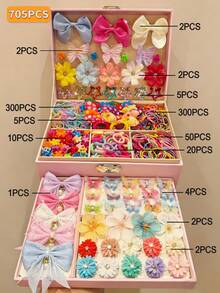 10pcs/705pcs/Set Girls Hair Accessories Set, Sweet Candy Color 3D Fabric Pearl Flower Bow Hair Clips, Cute Gradient Butterfly Star Alligator Hair Clips Hair Claws, Simple Colorful Elastic Hair Ties Hair Bands, Soft Non-Damaging Rubber Bands, Sweet Accessories For Girls School, Party, Photos, Things Girls Love - Multicolor - View 8