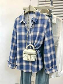 Women's Blue & White Plaid Regular Fit Long Sleeve Button-Front Blouse Spring - Blue - View 5