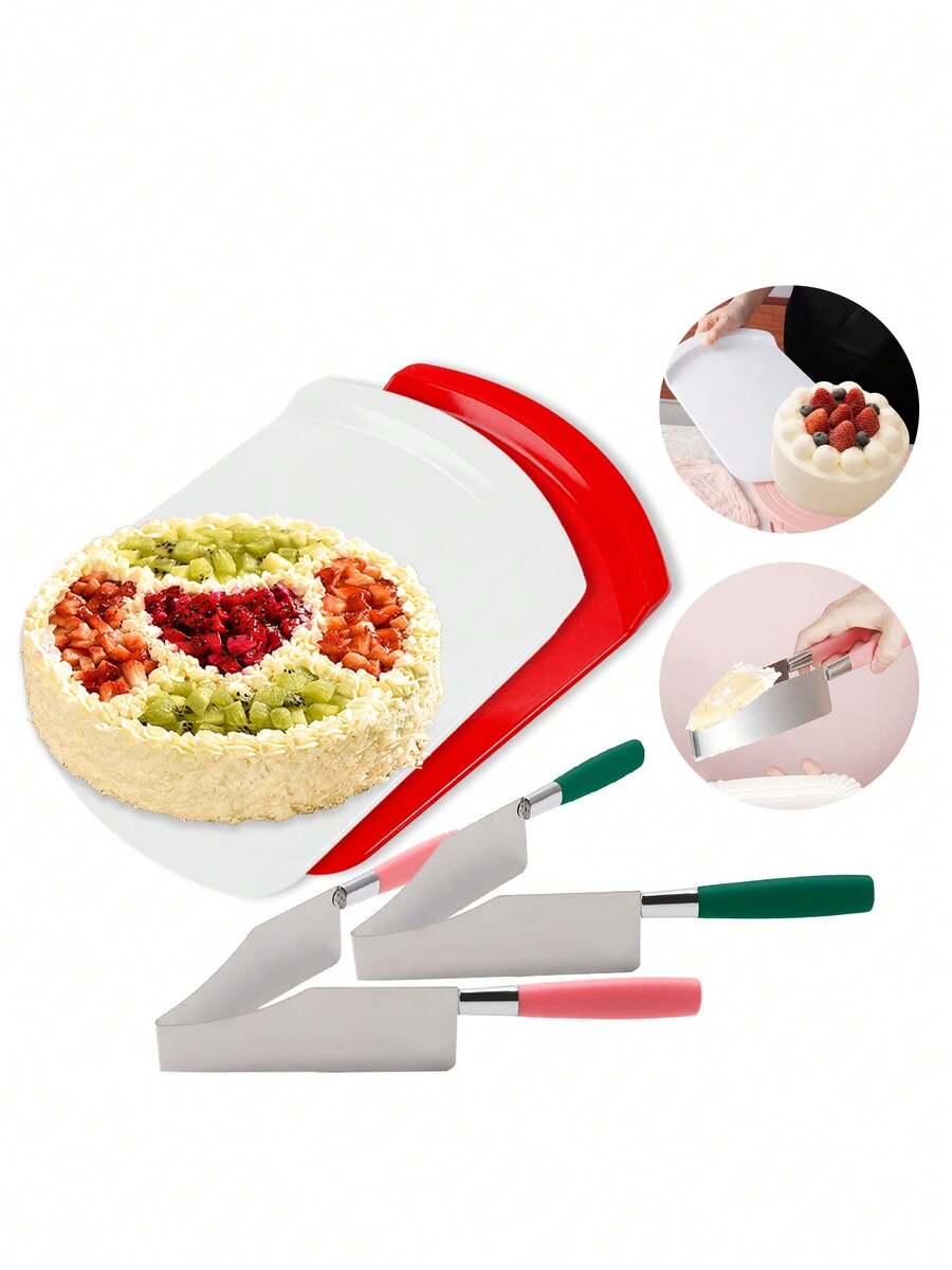 2pcs Multi-Function Cake Slicer Set, Stainless Steel One-Piece Cake Server + 12-Inch Large Plastic Transfer Tray, Reusable Baking Tool, Convenient For Moving And Serving Baked Goods, Non-Stick And Easy To Clean, Dessert Slice Lifter, Home Kitchen Baking Accessories, Suitable For Birthday, Wedding, Mousse, Cheesecake, Pizza, Dessert