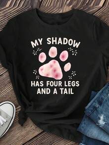 Mi sombra tiene cuatro patas y una cola, camiseta con estampado divertido para todas las estaciones, cuello redondo casual, fresca, transpirable y cómoda para el verano. - Negro - Ver 2