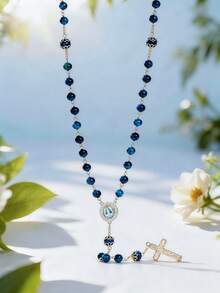 Kalung Rosario Religius Manik Hijau, Salib & Liontin Santo Yudas & Bunda Maria, Aksesori Devosi Katolik Klasik untuk Hari Raya Keagamaan dengan Kotak Hadiah. - Biru - View 3