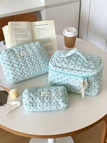 Cute Heart Quilted Makeup Bag Light Blue Polka Dot Cotton Cosmetic Organizer Case Portable Large Capacity Travel Toiletry Bag With Inner Mesh Pocket - Baby Blue - View 16