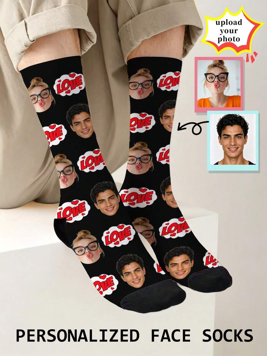 1 Pair Custom Socks, Face Custom Socks,Summer,Love,Couple,Custom Photo Socks, Custom Printed Socks, Cute, Socks For Humans Only, Graduation Gifts - Multicolor - View 1