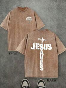 Jesus Graphic Print T-Shirt 'God Has A Plan', Double-Sided Print, Washed T-Shirt, Party Favors, Y2K Graphic Tees For Men, Vintage Washed Style T-Shirts - Cokelat Kopi 1 - View 1