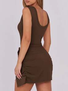 Caracilia Vestido Mini de Verano para Mujer, Sin Mangas, Ajustado al Cuerpo, con Cintura Ajustada y Pantalones Cortos Integrados, Ideal para Salir de Noche o Vacaciones - Marrón - Ver 5