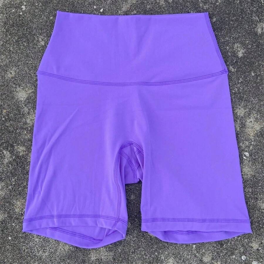 Solid Color Women's Fitness Sports High Waist Yoga Short Leg Cycling Full Body Workout Jog Squat Proof Inner Pocket - 紫色 - 查看 1