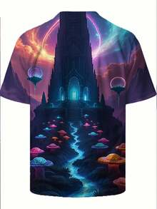 Camiseta de Manga Corta Oversize para Hombre - Escena de Ensueño de Otro Mundo con Flora Bioluminescente, Plataformas Flotantes y Efectos de Luz Etérea, Estampado de Alta Definición, Cuello - Negro - Ver 3