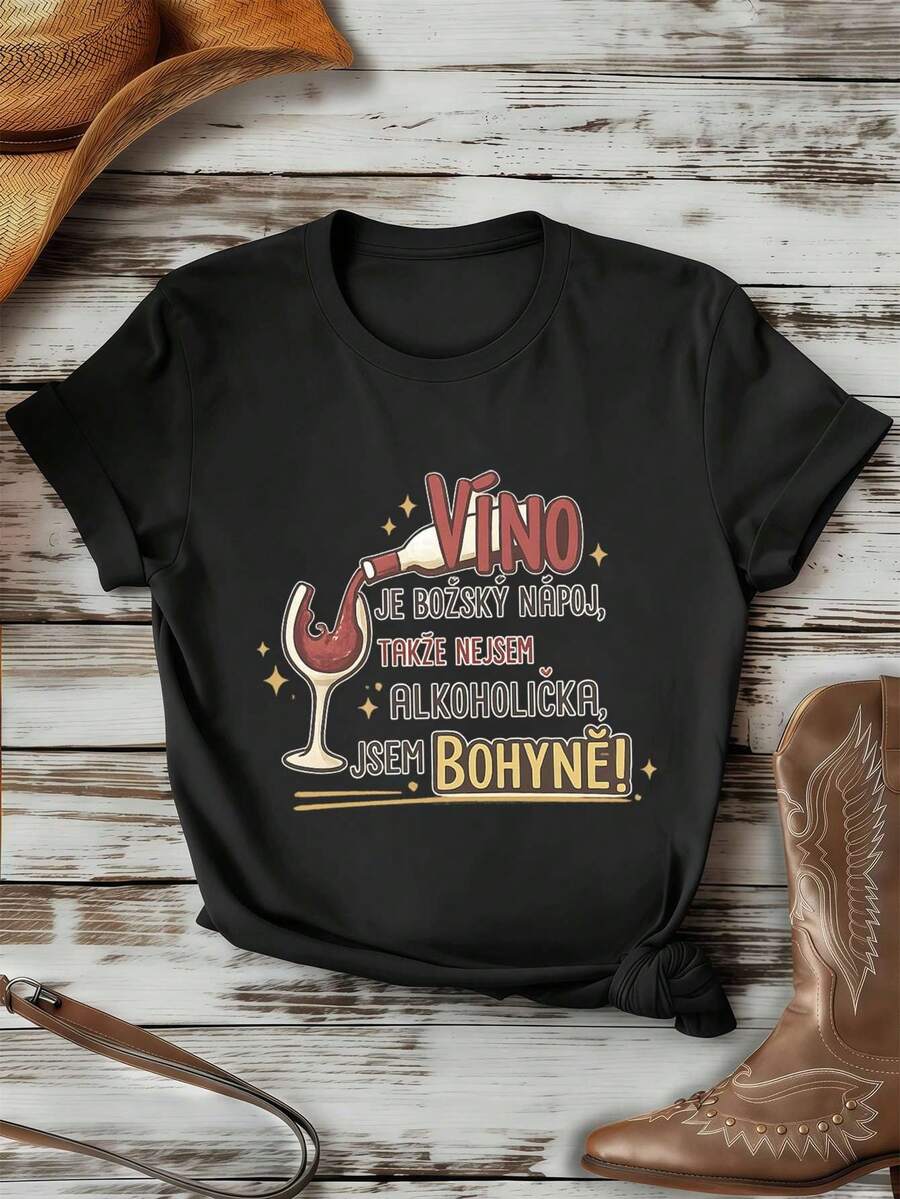 Camiseta gráfica WineLoverGoddess. Tejido de calidad, cuello redondo, corte holgado, cómoda, dise?o gráfico. - Negro - Ver 1