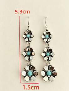 1 Pair Western Bohemian Style Three-Layer Flower Turquoise Inlaid Distressed Vintage Holiday Earrings - Antique Silver - View 2