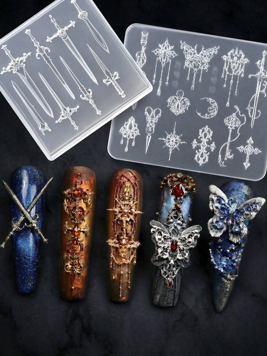 Beautizon Nailartlab Various Long And Short Carved Sword/Saber/Sword Hilt Silicone Molds And Tassel Butterfly, Key, Crescent Moon, Scissor, Snowflake, Vine Pattern Silicone Molds, Dark Vintage Style Embossed Mold Decorative Accessories, Zero Damage Demolding, Delicate And Three-Dimensional Texture, Essential Supplies For Nail Salons - Multicolor - View 1