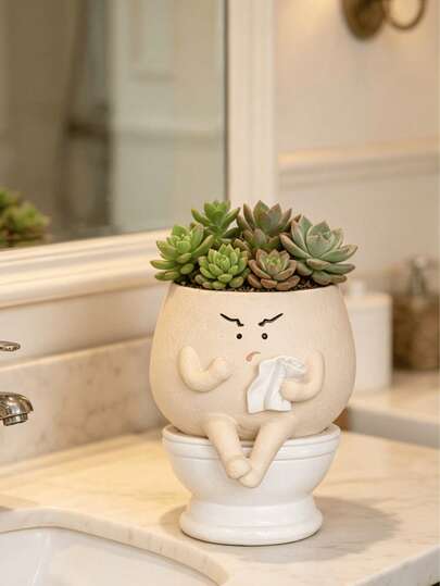 1pc Funny Toilet Shaped Planter With Drainage Hole, Cute Self-Watering Flower Pot For Indoor Plants, Succulents, Unique Head Shaped Planter, Novelty Gift For Birthday And Christmas | Suitable For Bedroom, Patio, Cafe, Porch, Desktop Decor
