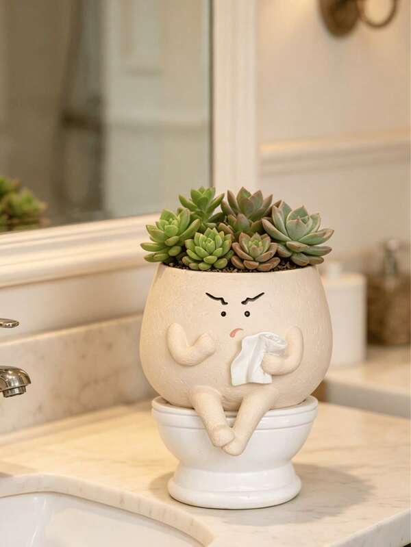 1pc Funny Toilet Shaped Planter With Drainage Hole, Cute Self-Watering Flower Pot For Indoor Plants, Succulents, Unique Head Shaped Planter, Novelty Gift For Birthday And Christmas | Suitable For Bedroom, Patio, Cafe, Porch, Desktop Decor