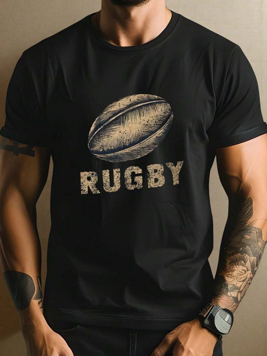 1 Camiseta de Rugby de Cuello Redondo para Hombre, 220 gsm, Manga Corta de Verano, 100% Algodón - Negro - Ver 1