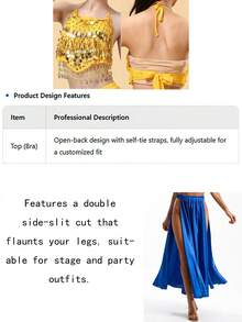 Belly Dance Coin Fringe Mesh Halter Crop Top, Double High Slit Flowy Satin Maxi Skirt For Stage Performance & Carnival - Multicolor - View 10