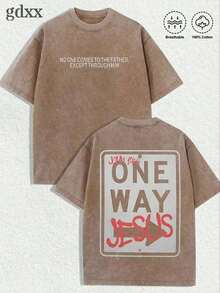Jesus Graphic Print T-Shirt 'God Has A Plan', Double-Sided Print, Washed T-Shirt, Party Favors, Y2K Graphic Tees For Men, Vintage Washed Style T-Shirts - Cokelat Kopi 2 - View 1