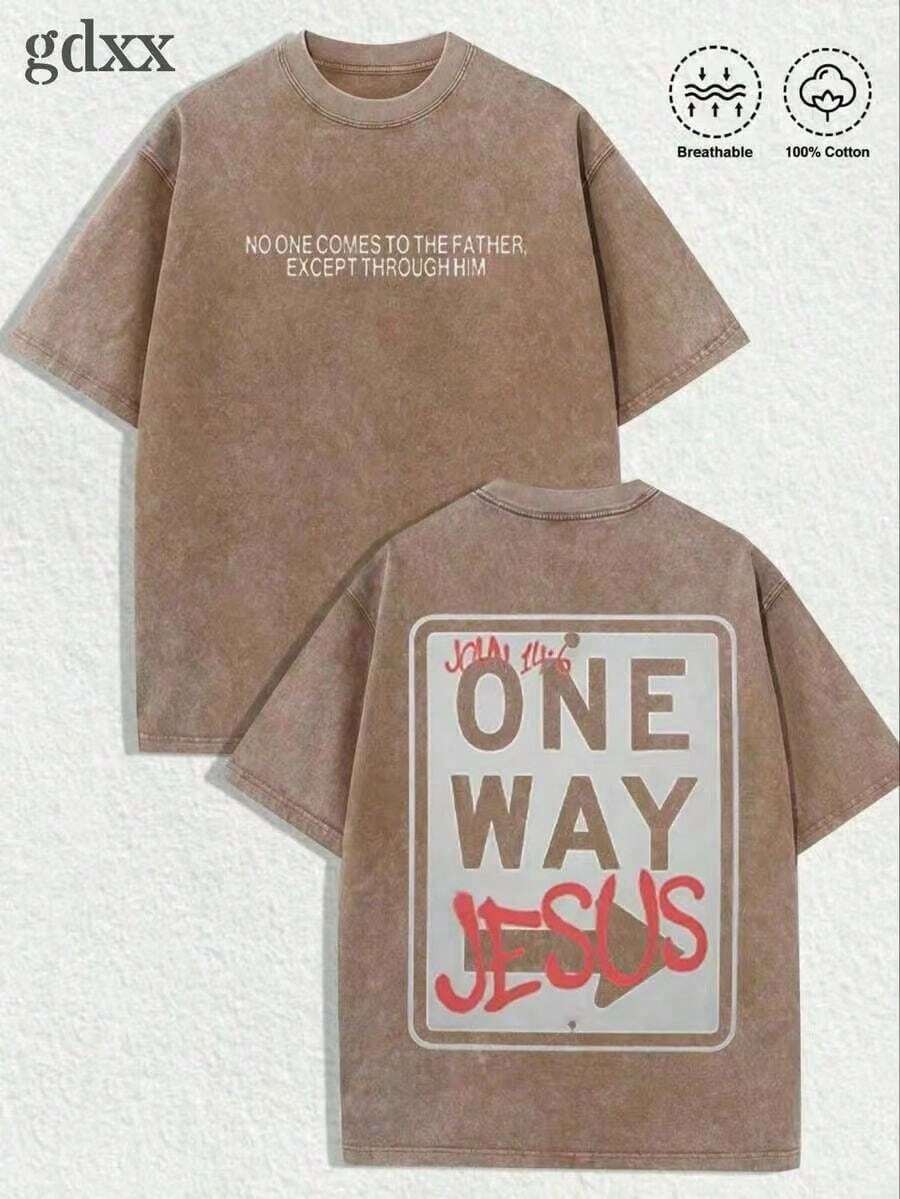 Jesus Graphic Print T-Shirt 'God Has A Plan', Double-Sided Print, Washed T-Shirt, Party Favors, Y2K Graphic Tees For Men, Vintage Washed Style T-Shirts - Cokelat Kopi 2 - View 1