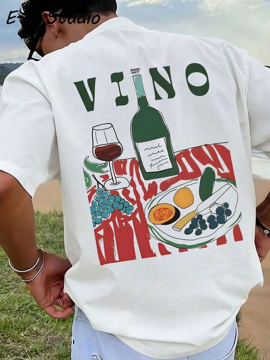 Camiseta de hombre - Ambiente vacacional del sur de Europa - Camiseta con estampado, manga corta de algodón puro de alta calidad de 200g, tela 100% algodón puro para ropa de hombre, transpir - Blanco - Ver 1