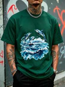 Camiseta de hombre estilo vacacional costero estampado paisaje marino con delfines tropicales,moda para el verano. - Verde - Ver 6
