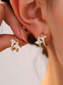 1 Pair Luxury European Style Silver-Plated Double Layer Star C-Shaped Hoop Earrings With Full Zirconia Stones, Suitable For Anniversary, Daily, Campus, Wedding And Other Occasions As Gifts For Friends - Star Earrings - View 3