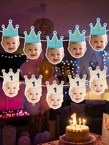 8/12/16pcs Custom Kid Photo And Text 1st Birthday Banner, Pink Blue Beige Crown Number Photo Banner, Customizable Kids First Birthday Party Banner - Multicolor - View 4