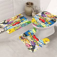 Mixed Multi-Generation All Characters Collage 4-Piece Bathroom Set, Cream Yellow Background Poké Ball Complete Design Shower Curtain, Bath Mat, Toilet Lid Cover Set, Anime Bathroom Decor Set - Cartoon C - View 4