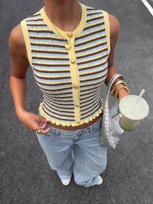 Women's Spring/Summer New Patchwork Ruffled Trim Metal Button Short Knit Vest, Striped Front Button Ribbed Embroidery Casual Beach Holiday Vest, Multi-Color Ruffled Trim Knit Vest, Summer Vest, Women's Knit Vest - Multicolor - View 12