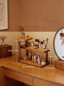 1pc Brown Desktop Organizer Rack, Solid Wood Multi-Layer Desktop Storage Rack With Cup Holder - Modern Light Brown Freestanding Countertop Shelf, No Assembly Required, Space-Saving Bathroom, Kitchen, Bedroom Vanity - Wooden Cosmetic And Toiletries Storage Rack - Brown - View 4