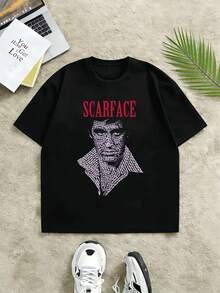 Camiseta de hombre de algodón negro con gráfico, 100% algodón, ajuste cómodo, estilo street hip-hop, transpirable. - Negro - Ver 2