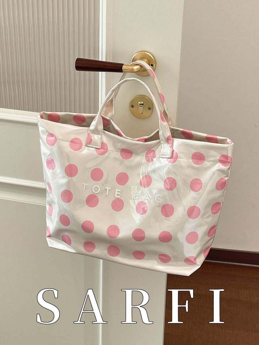 Summer New Polka Dot Contrast Design Women's Tote Bag, Fashion Minimalist Waterproof PVC Handbag/Vacation Bag - Pink - View 1