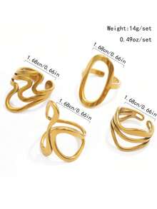 4pcs Fashionable Personalized Geometric Stainless Steel 18K Gold Plated Oil Pressed Ring Set, Suitable For Women's Daily Wear Or Party - Ring Set - View 6