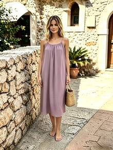Perfect For Your Vacation! Midi Dress With Thin Straps, Open Back With Drawstring, Lightweight Fabric That Flatters Your Figure. - 鵝黃色 - 查看 4