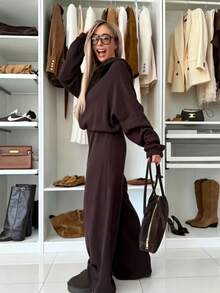 Casual Solid Color Hooded Loose Fit Versatile Comfortable Daily Wear Zip-Up Dark Brown 2 Pieces Set Elegant - Brown - View 5