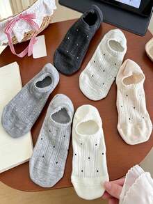 6 Pairs Women's Aesthetic Polka Dot Hollow Invisible Boat Socks, Ruffle Edge Anti-Slip Design - Multicolor - View 2