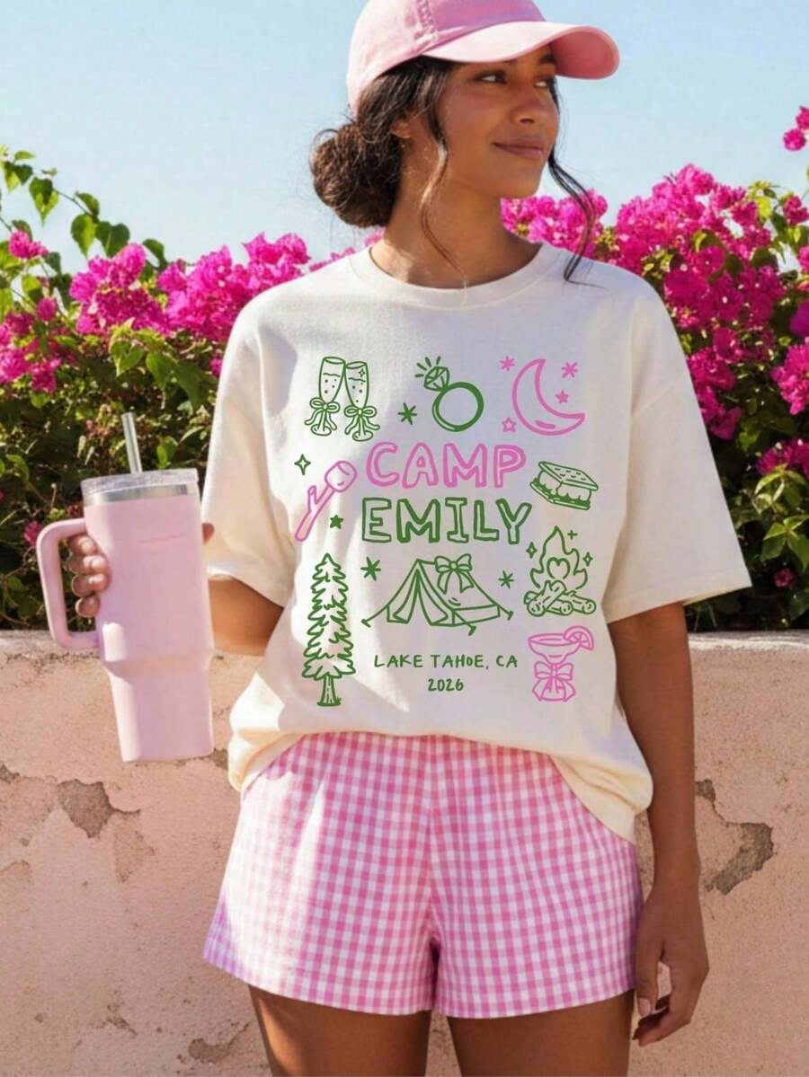 Playera Y2K casual de verano para mujer, 1 pieza, Camiseta para Fiesta de Solteras en Campamento, Camisetas para Fiesta Nupcial en Campamento, Camiseta con Temática de Campamento para Desped - Blanco - Ver 1