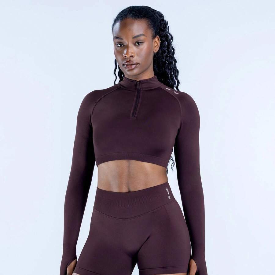 Women's Impact Zip-Up Fitness Crop Top, Long Sleeve Sports Crop Top, Seamless Gym Running Tops, Quick-Dry Workout Shirt For Pilates And Yoga, 2026 - 濃縮咖啡半拉鍊 - 查看 1