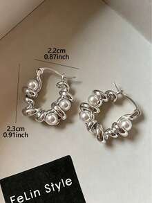 1 Pasang Anting Hoop Geometris Mutiara Elegan dan Modis, Cocok untuk Pemakaian Sehari-hari, Pesta, dan Acara Formal Wanita - Perak + Putih - View 2