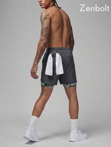 Zenbolt 男士 2 合 1 彈性腰頭短褲，內層迷彩襯裡，側邊字母印花健身運動褲，可調節抽繩，適合日常休閒穿搭 - 深灰色 - 查看 3