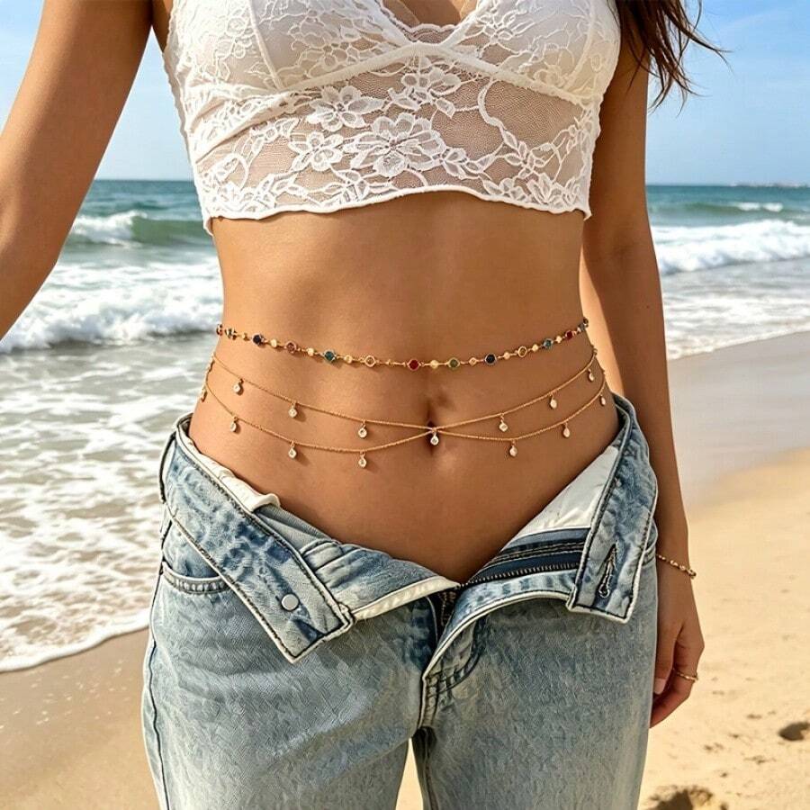 Colorful Rhinestone And Glass Rhinestone Pendant Waist Chain Set, Suitable As Accessories For Summer Beach Vacation Parties - A - View 1