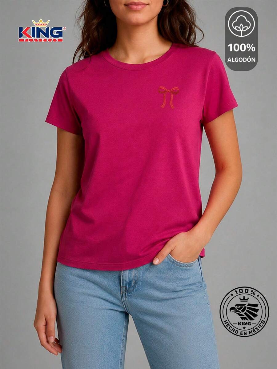 SHENDY VENDY Women's T-Shirt 100% Cotton, Short Sleeve, Round Neck, Soft And Comfortable T-Shirt, Minimalist Red Bow Print - 玫紅色 - 查看 1