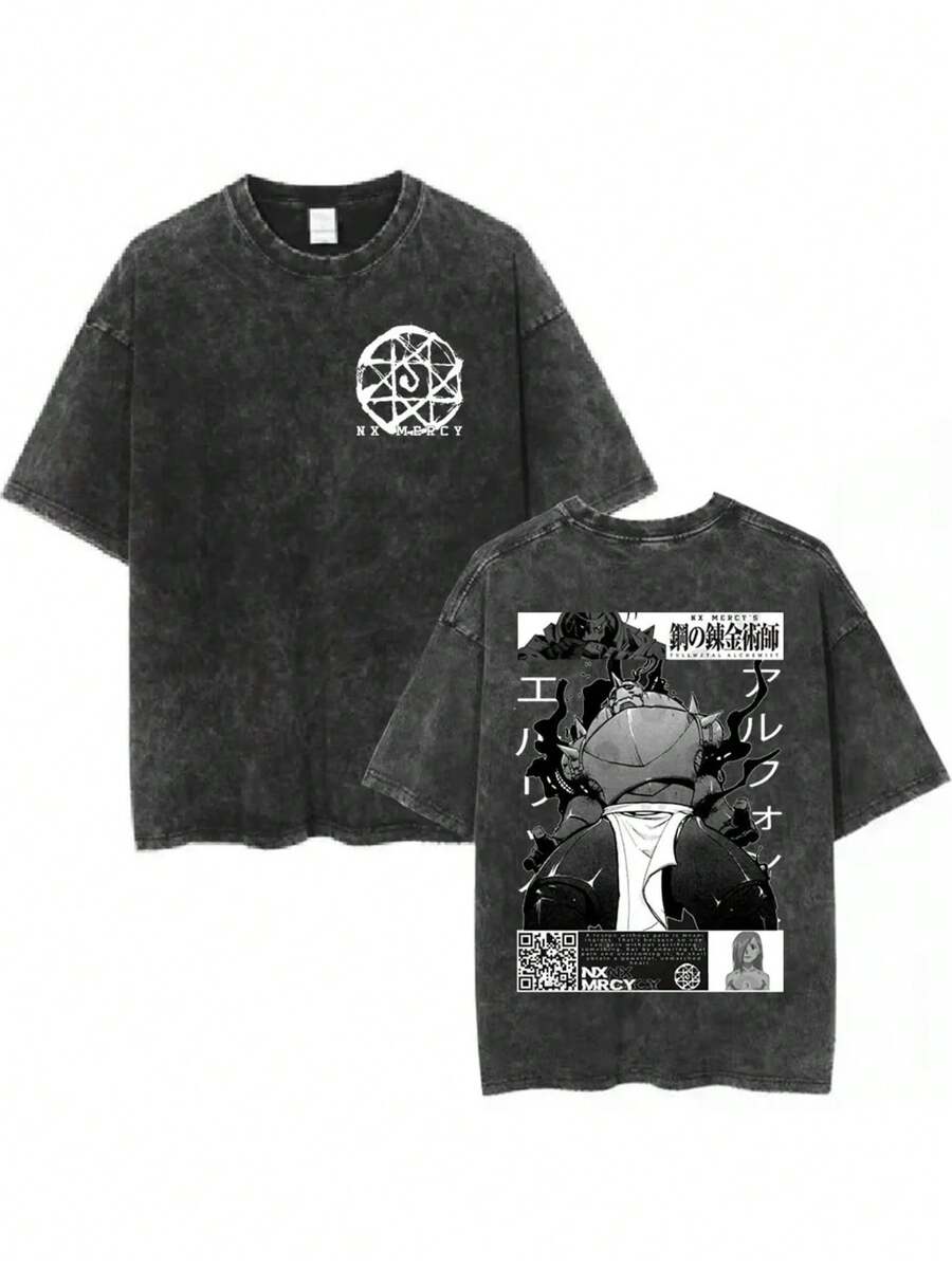 r sólido, lavado vintage, estampado temático creativo, cuello redondo, manga corta, estilo casual, disponible en tallas S-XXXL, lavable a máquina, accesorio de moda, artículo de moda urbana. - Negro - Ver 1