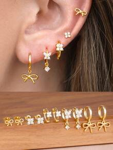 10PCS Gold Color Bowknot Hoop Earrings Sets For Women 18K Gold Plated Fashion Zirconia Flower Ear Stud Unique Korean Fashion Jewelry - 10PCS-gold - View 1
