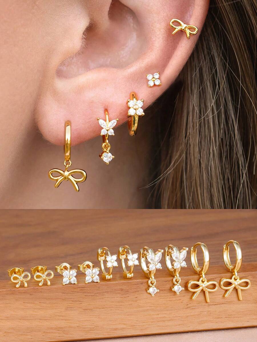 10PCS Gold Color Bowknot Hoop Earrings Sets For Women 18K Gold Plated Fashion Zirconia Flower Ear Stud Unique Korean Fashion Jewelry - 10PCS-gold - View 1