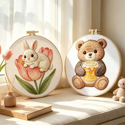 Healing Soft Cute Handmade Embroidery Tulip Bunny / Honey Bear Beginner DIY Embroidery Kit For Bedroom Desk Living Room Decor, Thoughtful Gift For Best Friend, Girlfriend, Women