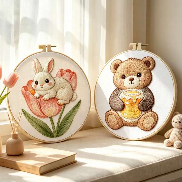 Healing Soft Cute Handmade Embroidery Tulip Bunny / Honey Bear Beginner DIY Embroidery Kit For Bedroom Desk Living Room Decor, Thoughtful Gift For Best Friend, Girlfriend, Women