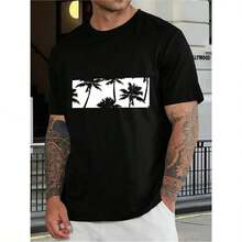 Men's Beach Shirt With Black And White Palm Print - Casual Resort Style - Ideal For The Beach, Pool, Resorts, And Travel - Lightweight And Comfortable, Designed For Men - 黑色 - 查看 1