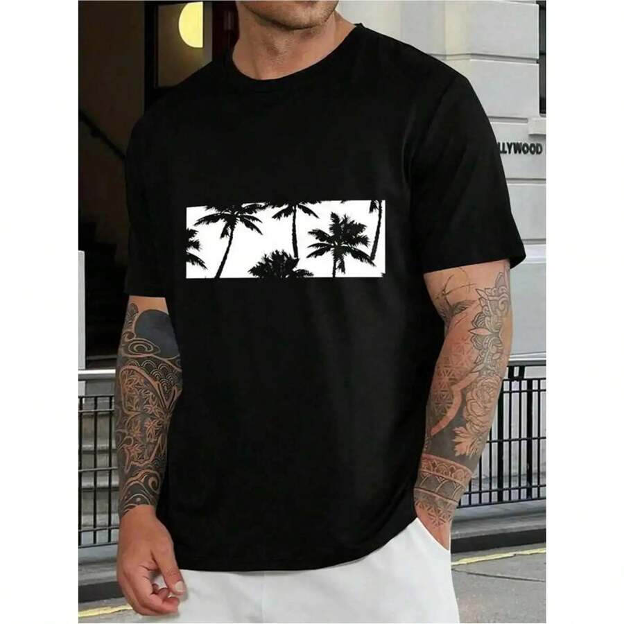 Men's Beach Shirt With Black And White Palm Print - Casual Resort Style - Ideal For The Beach, Pool, Resorts, And Travel - Lightweight And Comfortable, Designed For Men - 黑色 - 查看 1